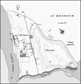 Area Map of Ai-Khanoum at the confluence of the Kokcha River and the Pandj River (the latter a tributary to the Amu-Darya or identical with the ancient Oxus.